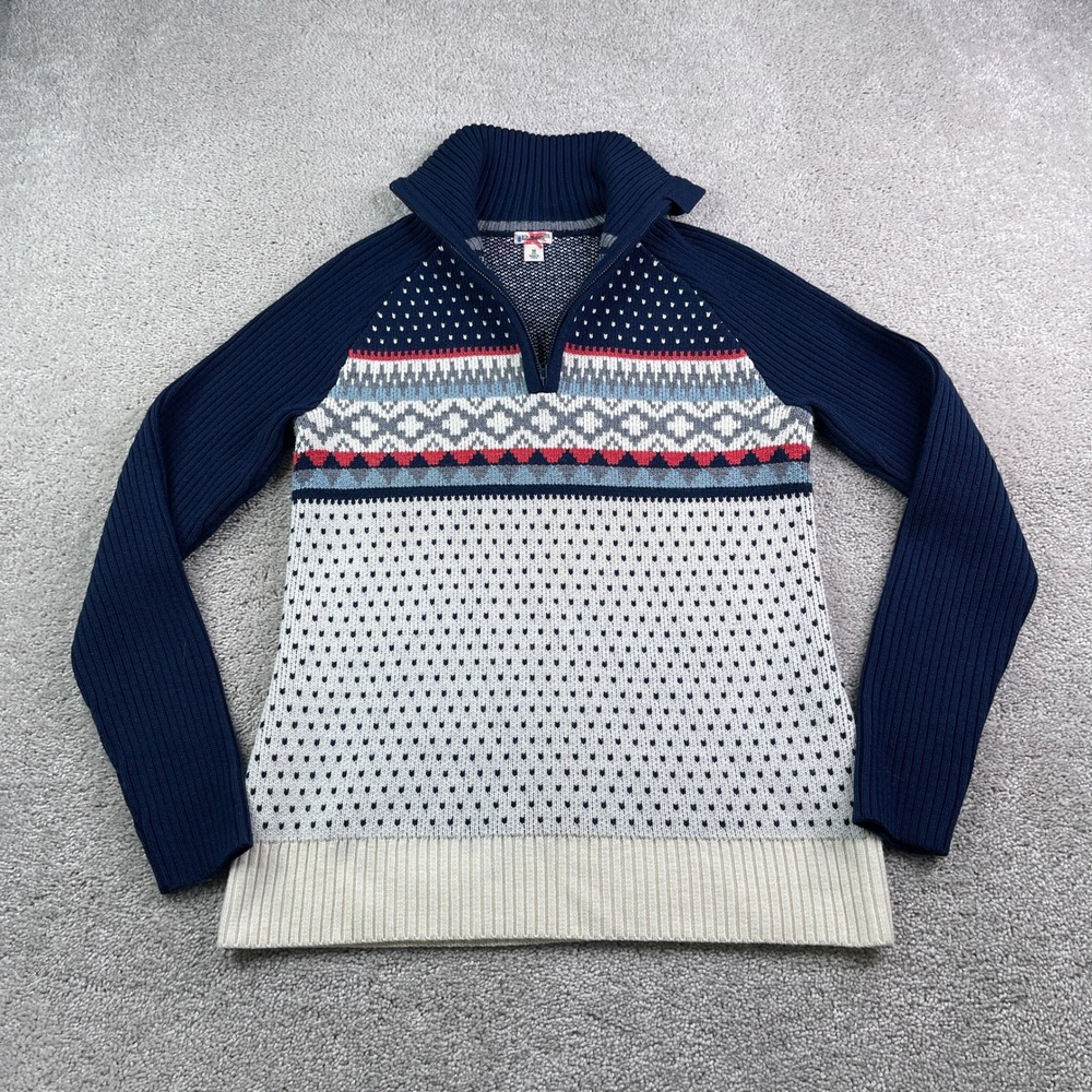 LL Bean Sweater Womens Medium Blue Fair Isle Nordic Merino Wool Quarter Zip
